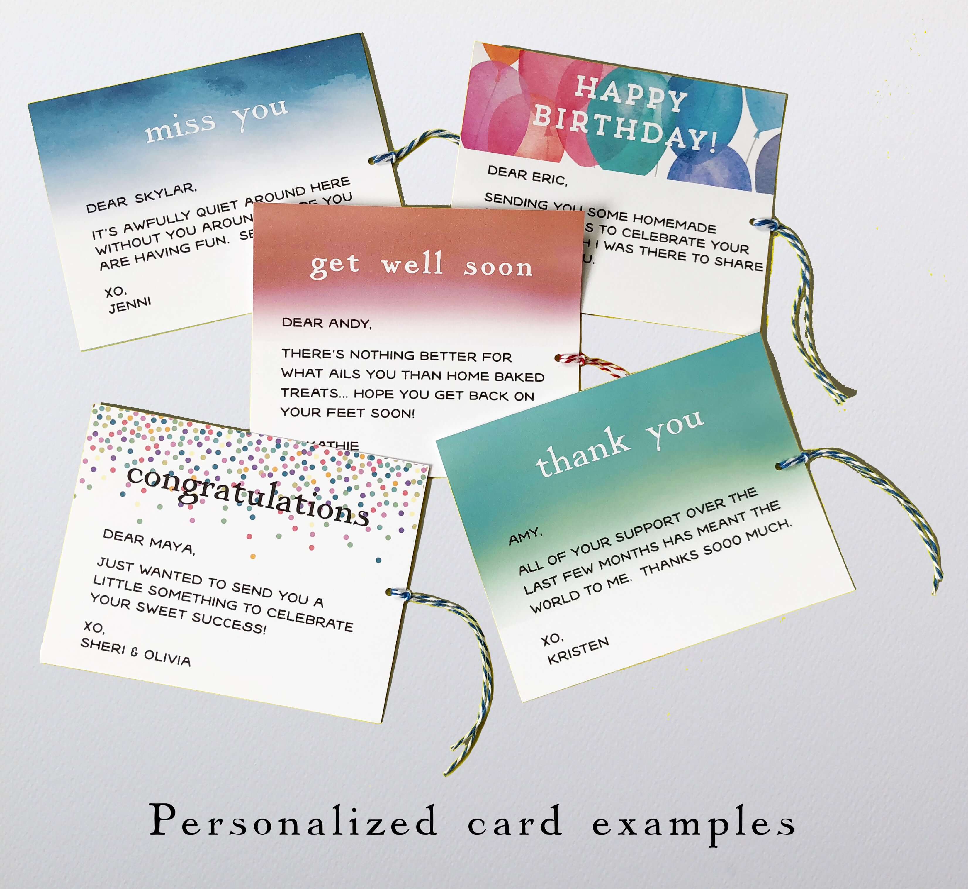 Examples of personalized cards with customer photo uploads. The card is enclosed in a translucent envelope inside the box top flap. Bakers twine allows the card to be pulled out and displayed on a bulletin board or refrigerator.