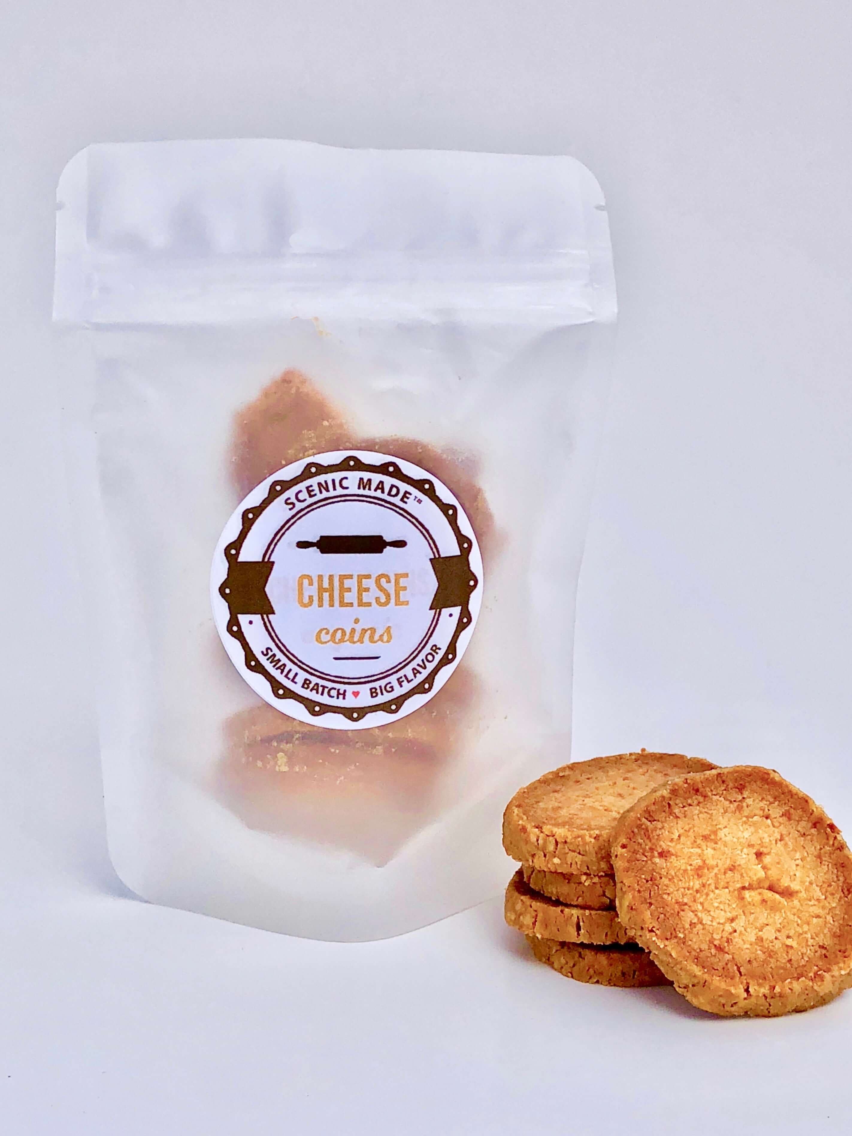 Cheese coins.  8 crackers made with organic cheddar cheese.  Packaged in a translucent, resealable bag with an attractive label on the front.