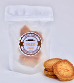  Cheese coins. 8 crackers made with organic cheddar cheese. Packaged in a translucent, resealable bag with an attractive label on the front.