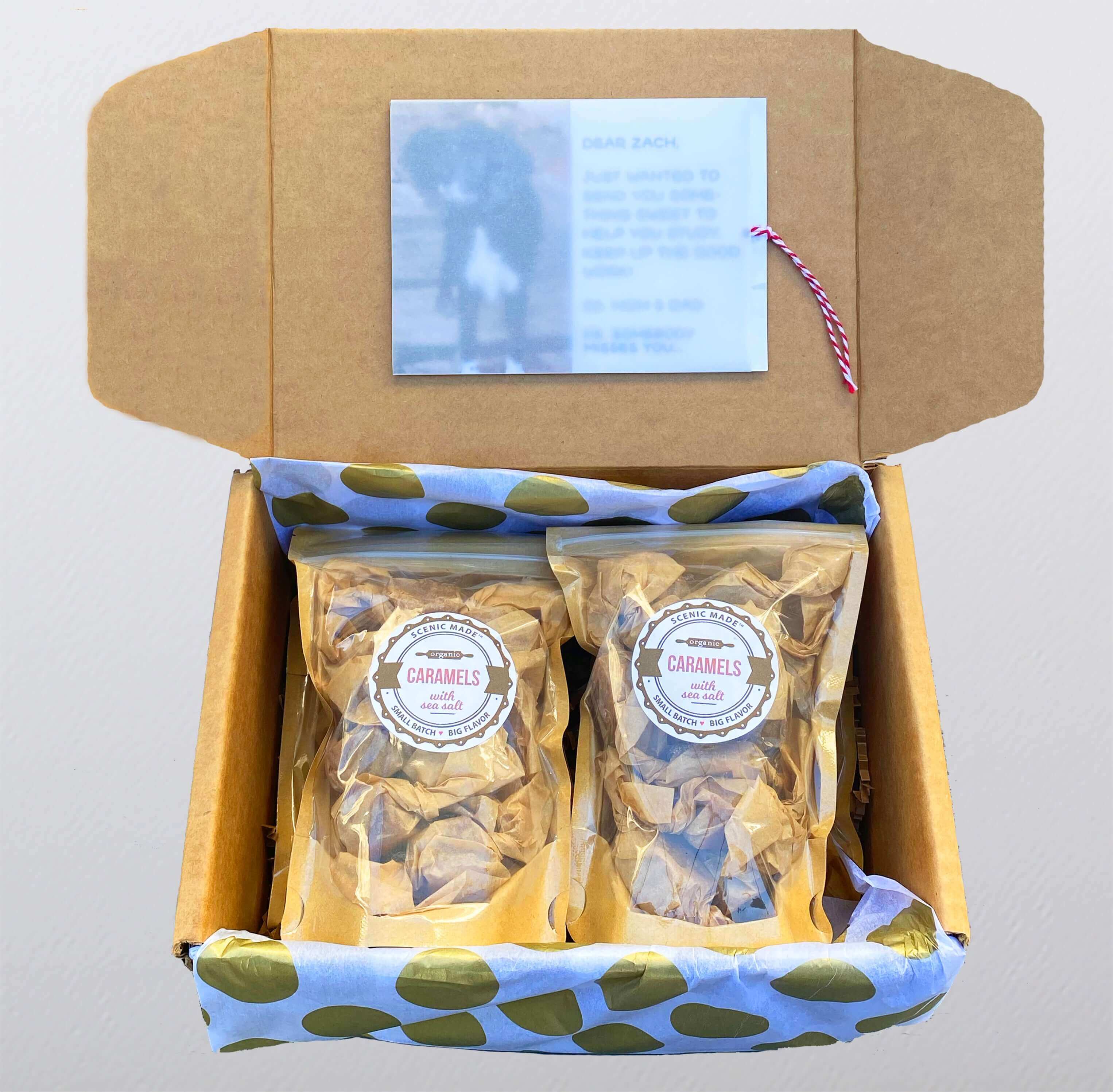 This box contains nothing more than our famous caramels. Each caramel is individually wrapped in unbleached parchment paper, then packed into 4 kraft bags with clear fronts. The bags are resealable and have an attractive label on the front. There are 60 d