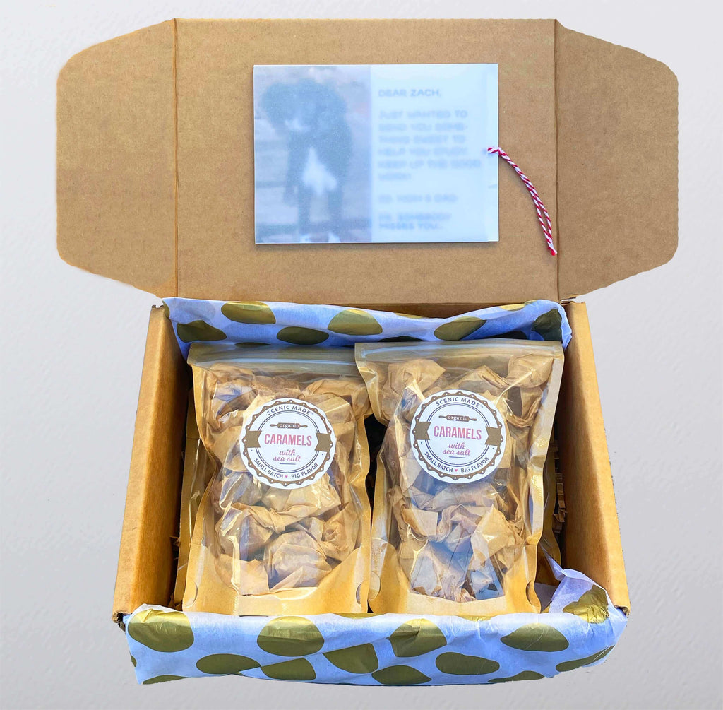 This box contains nothing more than our famous caramels. Each caramel is individually wrapped in unbleached parchment paper, then packed into 4 kraft bags with clear fronts. The bags are resealable and have an attractive label on the front. There are 60 d
