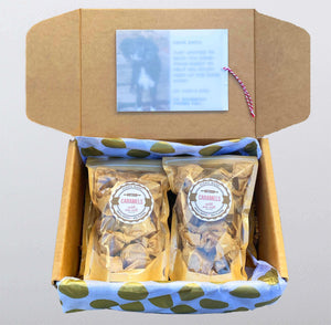 This box contains nothing more than our famous caramels. Each caramel is individually wrapped in unbleached parchment paper, then packed into 4 kraft bags with clear fronts. The bags are resealable and have an attractive label on the front. There are 60 d