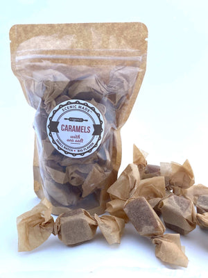Each caramel is individually wrapped in unbleached parchment paper, then packed into 4 kraft bags with clear fronts. The bags are resealable and have an attractive label on the front. There are 60 delicious caramels in the box.