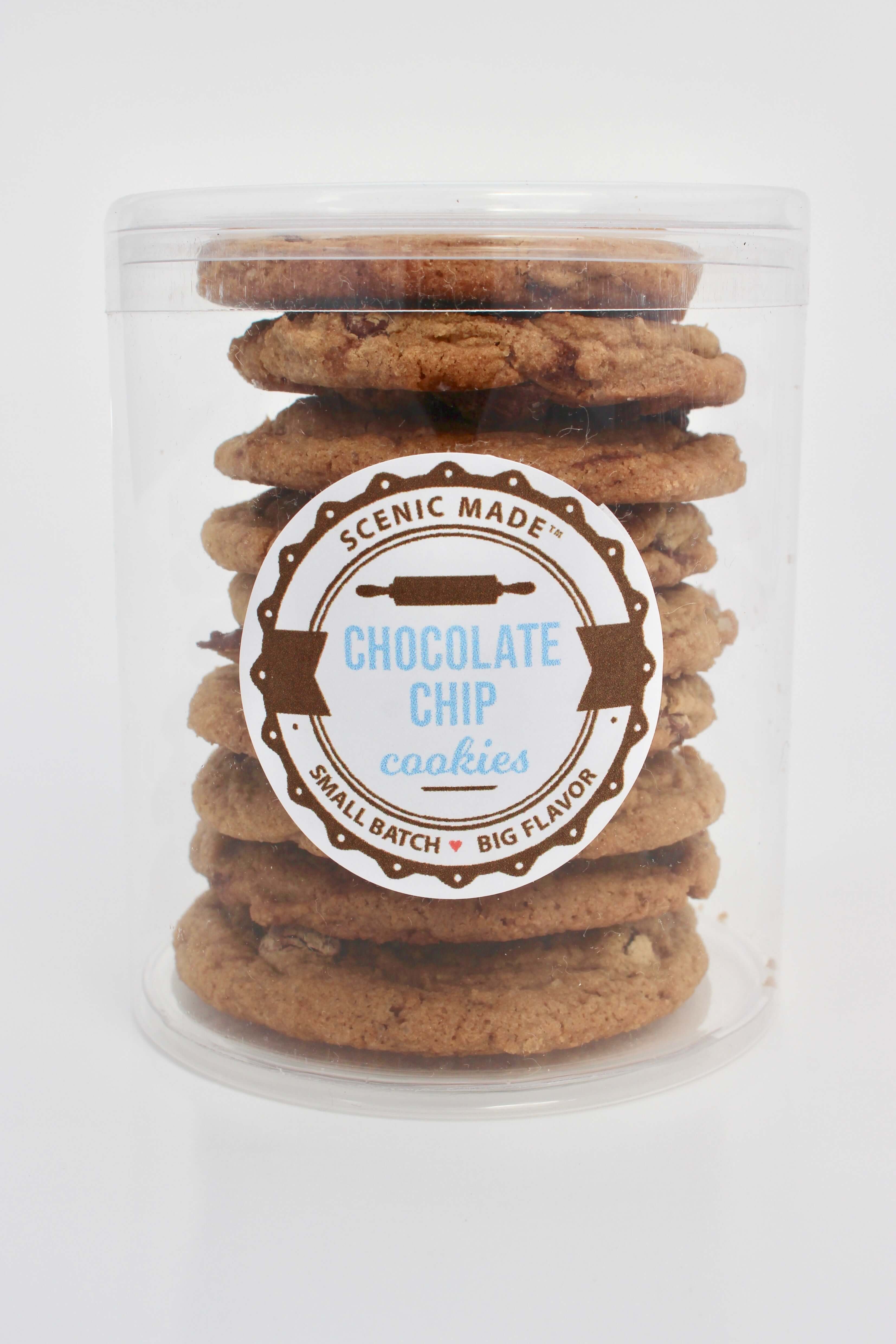  Stack of chocolate chip cookies in a cylinder with a cute Scenic Made label, includes the words chocolate chip cookies and small batch, big flavor.