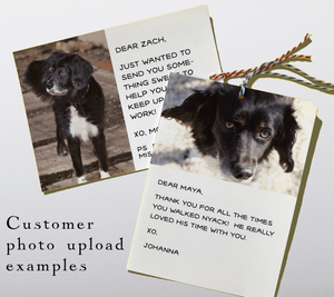 Examples of personalized cards with customer photo uploads. The card is enclosed in a translucent envelope inside the box top flap. Bakers twine allows the card to be pulled out and displayed on a bulletin board or refrigerator.