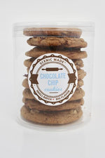  Chocolate chip cookies, 8 cookies stacked in a clear, food safe container with an attractive label on the front.