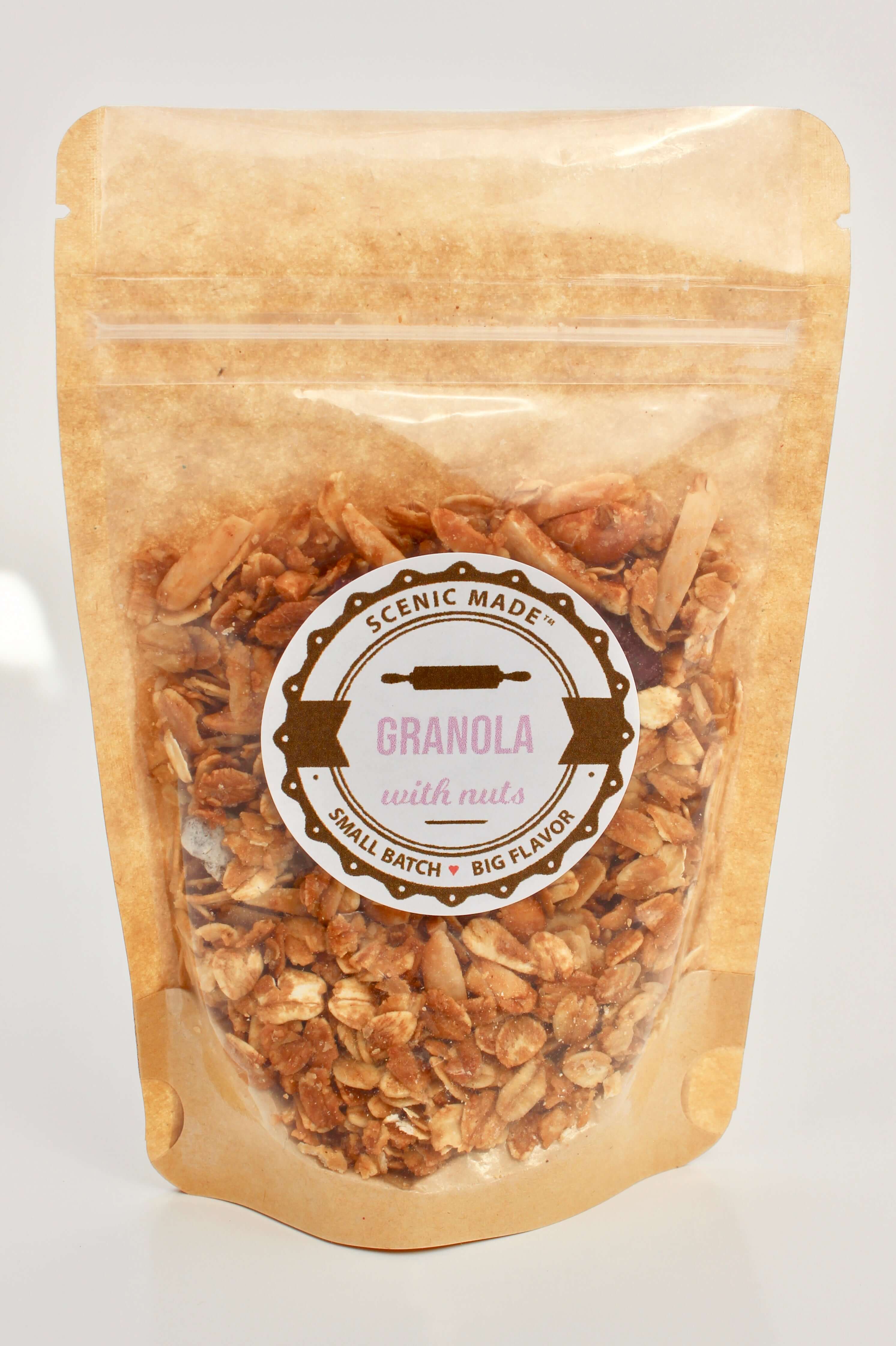 Crunchy granola with nuts and dried fruit. 2 ounces of granola, packed in a Kraft colored food safe bag with a clear front. Bag is resealable and has an attractive label on the front.