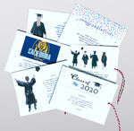 Examples of personalized with graduation images on the borders. The card is enclosed in a translucent envelope inside the box top flap. Bakers twine allows the card to be pulled out and displayed on a bulletin board or refrigerator.