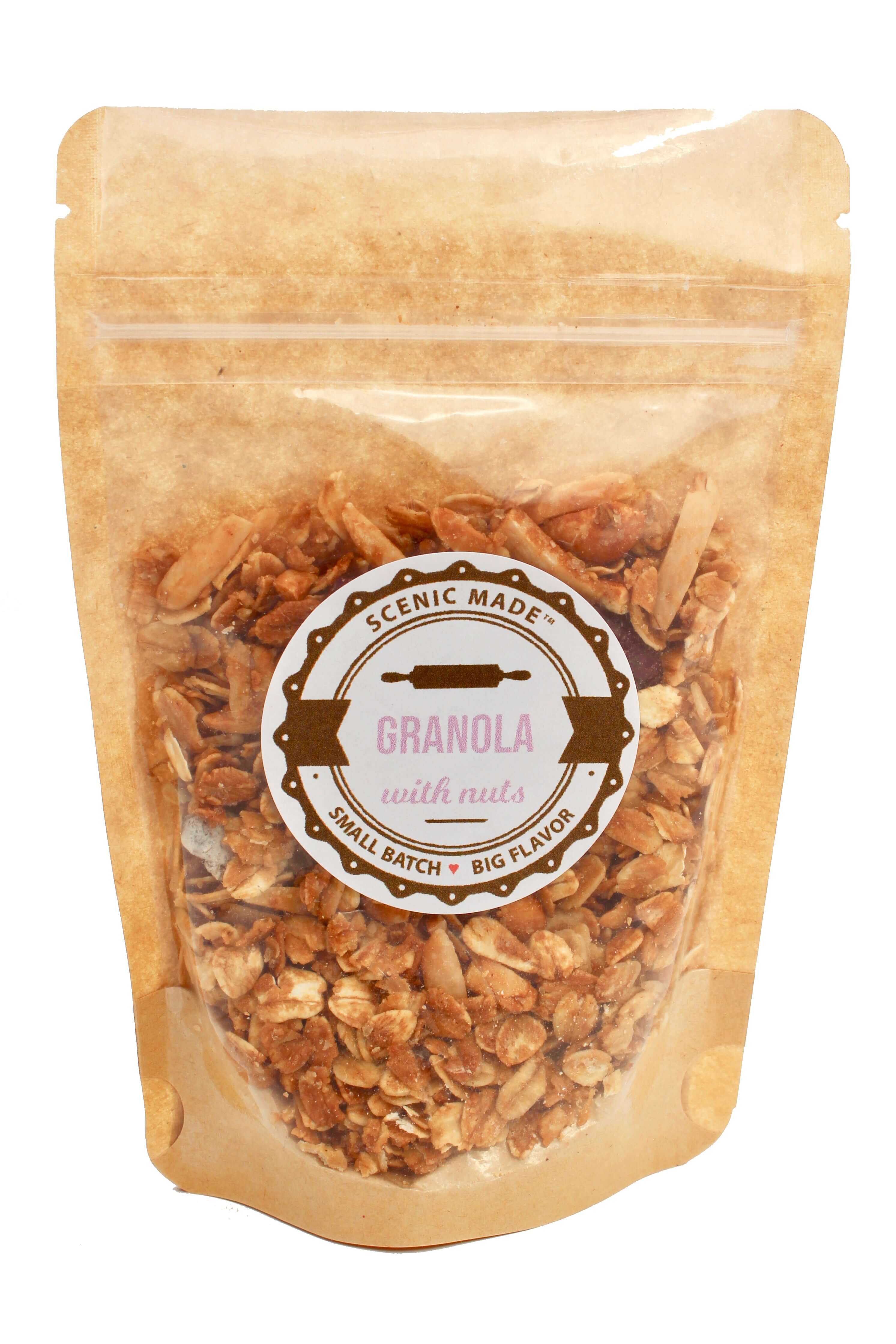 Our delicious, crunchy granola, packed in a food safe kraft bag with a clear front, labeled with a sticker.